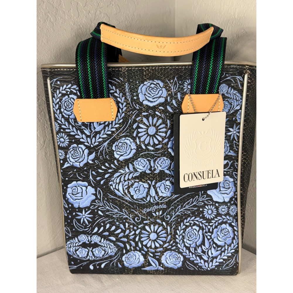 Rare Consuela Besos Classic Tote Blue Floral Embroidery Rattler Snake Glitter